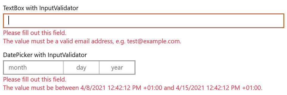 InputValidator usages for a TextBox and DatePicker